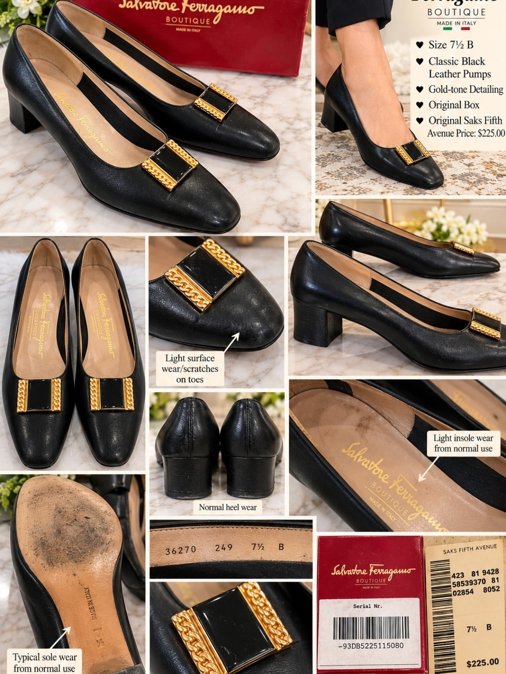 Salvatore Ferragamo Vintage Black Leather Block Heel Pumps w/ Gold Chain Accent